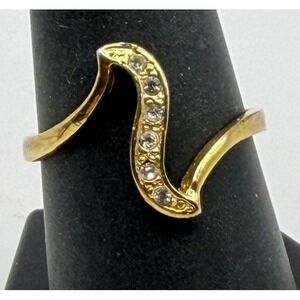 Gold Tone Rhinestone Wave Ring Size 8.75 Elegant Curved Statement Ring